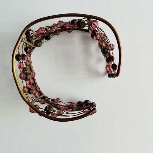 Wire Cuff Bracelet with Pink and Brown Beads - Picture 12 of 16